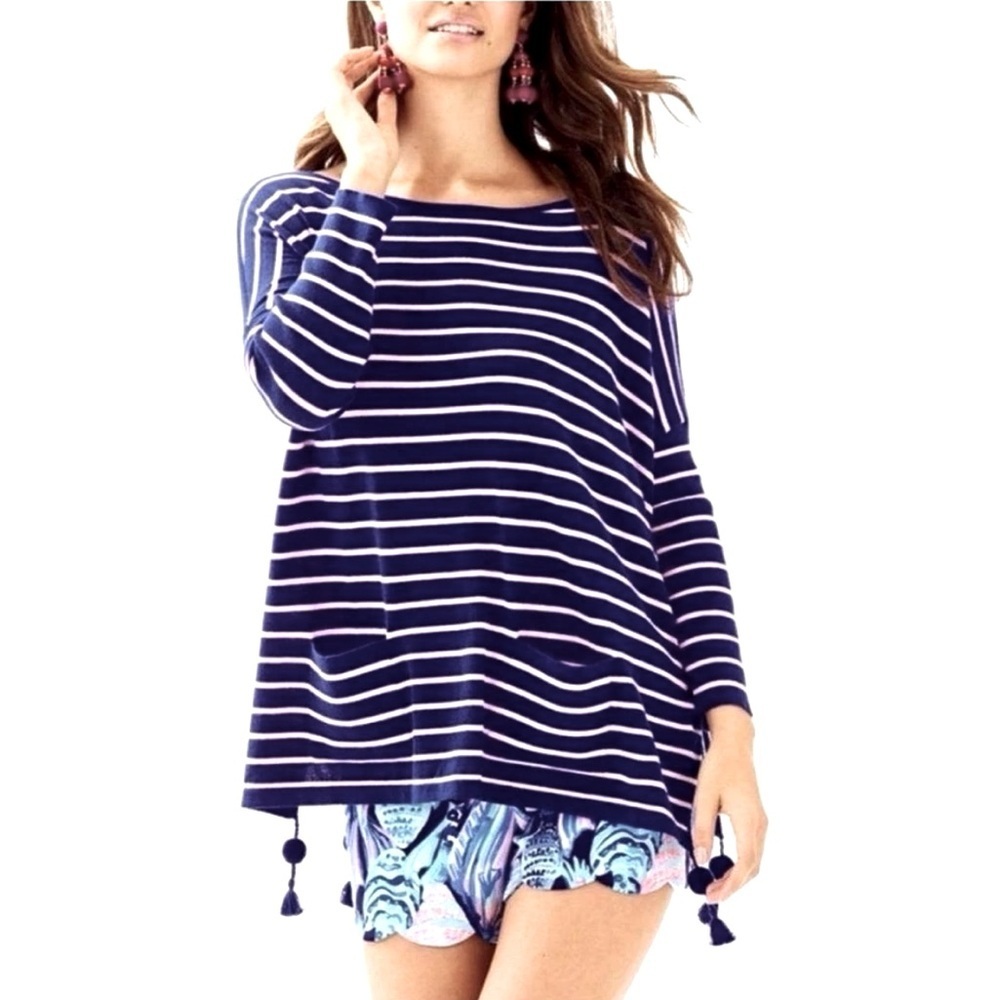 Lilly Pulitzer White & Navy Elba Boat Neck Stripe Pullover Sweater Size XXS XS